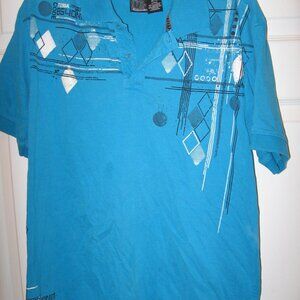 Burnside Polo Shirt w/ Retro Bowling Shirt Geometric Print Men's XL Blue